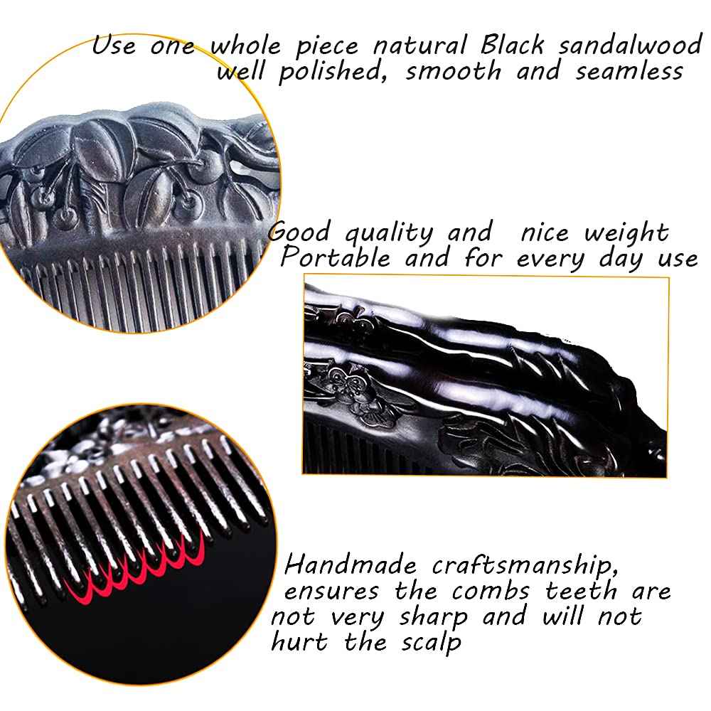 Sitronugras Black Sandalwood Natural Hair Comb, Ebony Carved Fine Tooth Wooden Comb- Anti-Static No Snag Handmade Hair Wood Comb for Women Men - with gift box