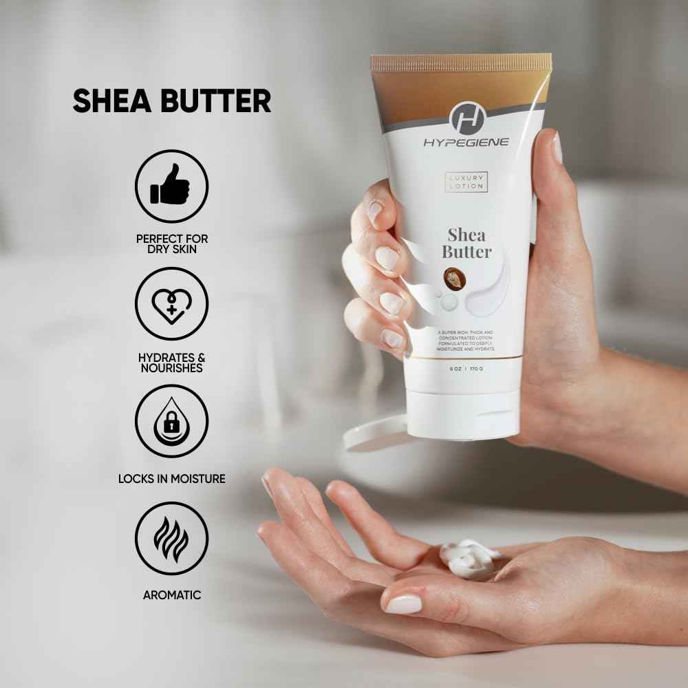 Hypegiene Shea Butter Lotion - Thick Textured, Hydrating Daily Moisturizer with Aloe, Shea Butter & Vitamin E - Non-Greasy Organic Body Lotion - Vegan, Paraben-Free - For Dry & Sensitive Skin (6oz)