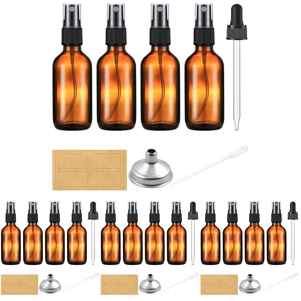 AOZITA 2 oz Amber Glass Spray Bottles for Essential Oils, Empty Small Fine Mist and Refillable Mister, Mini Travel Bottle for Cleaning Solutions and Skin Care, Glass dropper and funnel included.