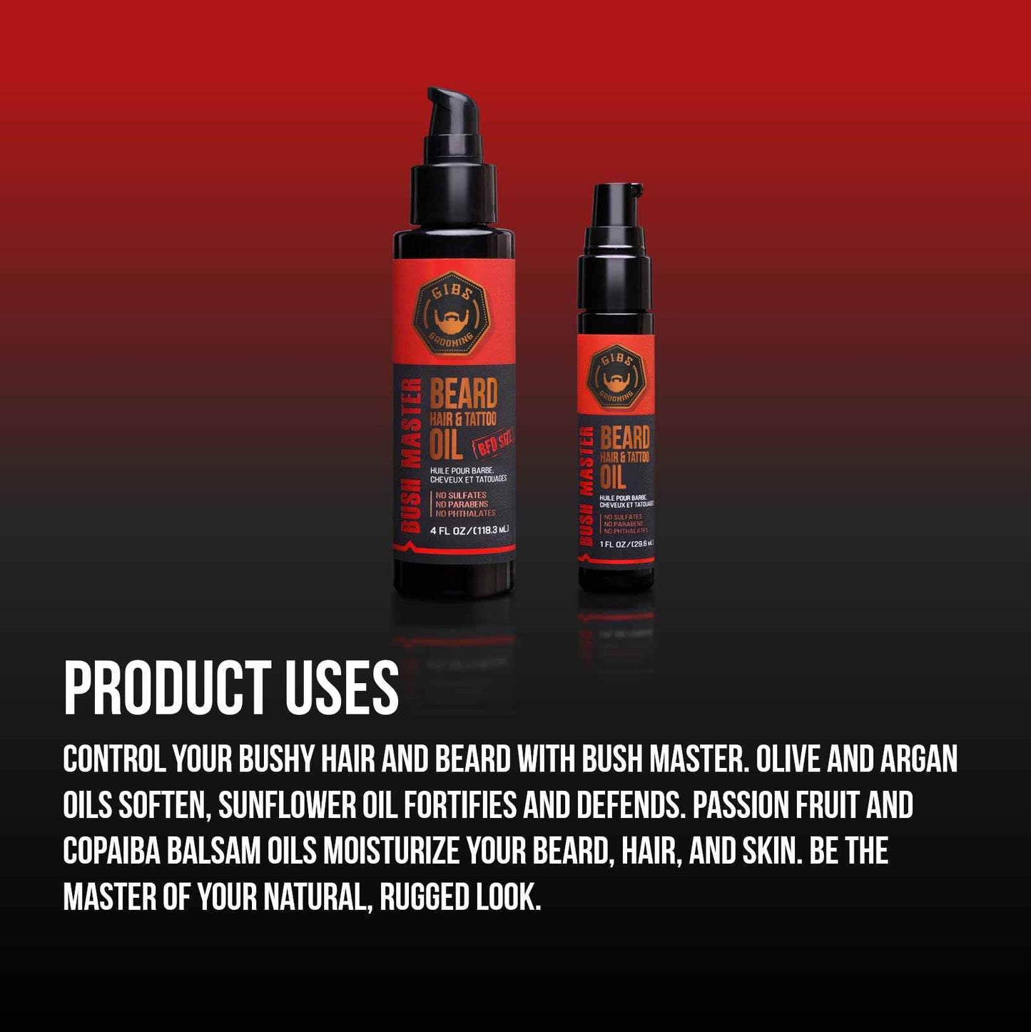 GIBS GROOMING Bush Master Beard, Hair & Tattoo Oil- All-Natural with Nutmeg, Leather, Vanilla & Musk Scent- Softens & Strengthens Beard Growth, Moisturizes Skin, 1 Fl Oz (Pack of 1)