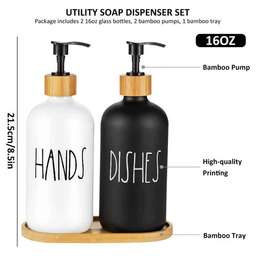 2 Pack Soap Dispenser Bottle with Bamboo Pump Soap Tray 16 Oz Refillable Hand Soap Container Reusable Detergent Bottle Glass Soap Lotion Dispenser Set for Kitchen Bathroom Shampoo