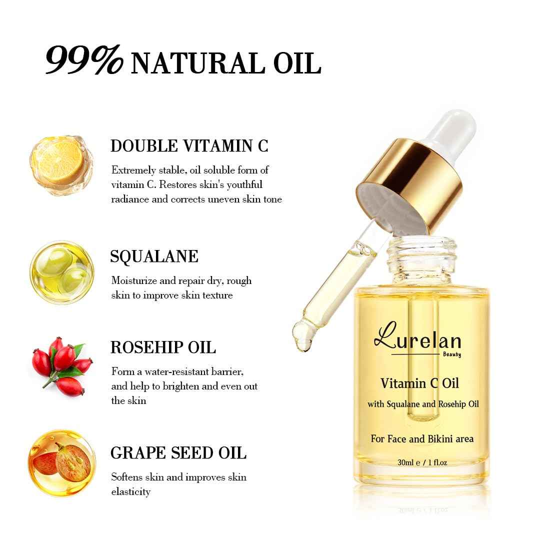 Lurelan Beauty Double Vitamin C Oil For Face and Bikini Area - Brightening Oil with Squalane, Rosehip, Vitamin E, Non-Comedogenic, Vegan, for All Skin Types (Face oil)