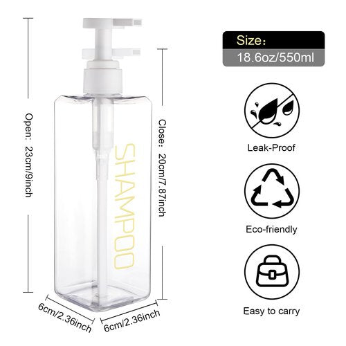Shampoo and Conditioner Dispenser Shower Soap Bottles 3 Pack 550ml/18.6oz Refillable Shampoo Pump Bottle Dispenser Plastic Empty Body Wash Dispensers with Stylish Permanent Labels for Bathroom (Clear)