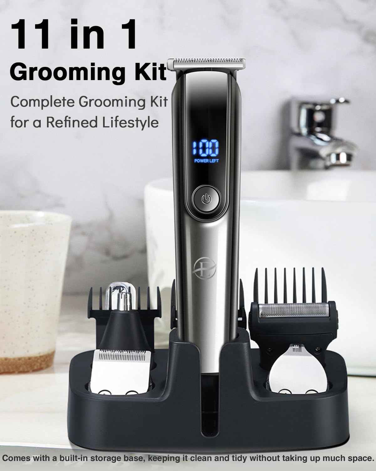 Beard Trimmer for Men - 5 in 1 Kit Electric Razor, Nose Hair Trimmer with LED Display, Cordless Mustache Body Face Grooming Kit, Rechargeable Beard Shaver (Aluminum)