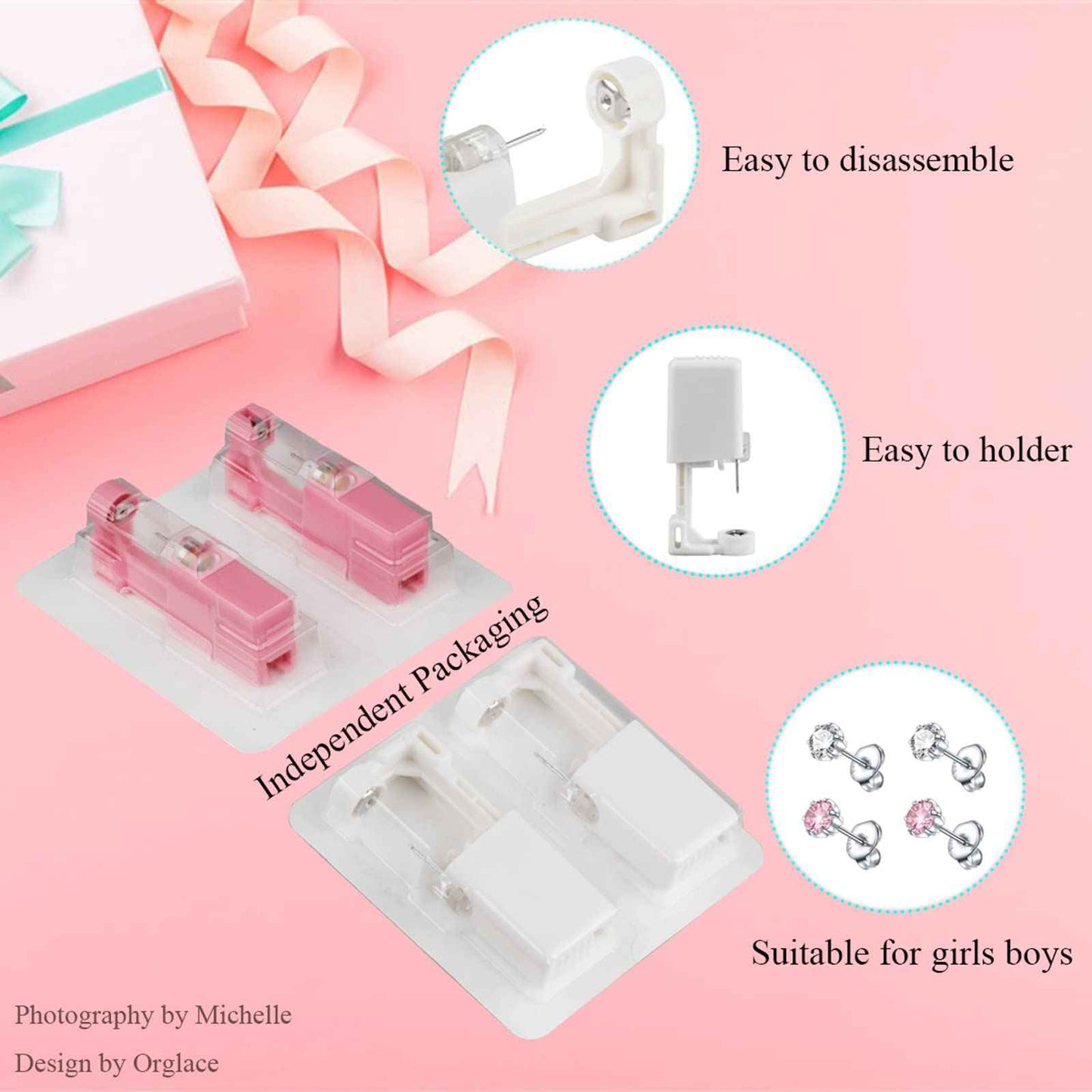 Orglace Ear Piercing Kit Disposable Self Ear Piercing Kit Safety 4 Pack Ear Piercing Gun Kit Tool with 5mm Earring Studs