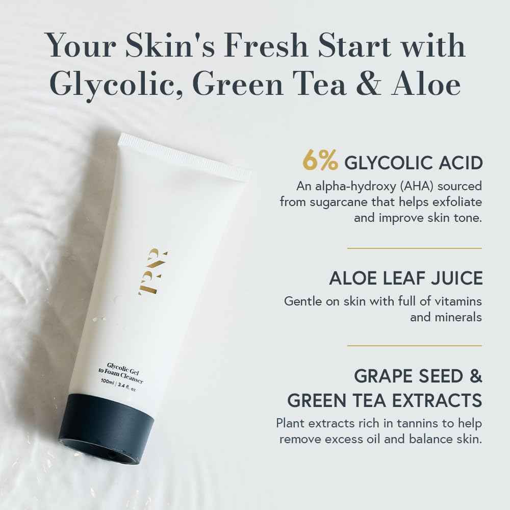 Glycolic Gel To Foam Facial Cleanser (100ml/3.4oz) | Foaming Face Wash| Natural, Plant-Based & Science-First Skincare Routine for Men & Women