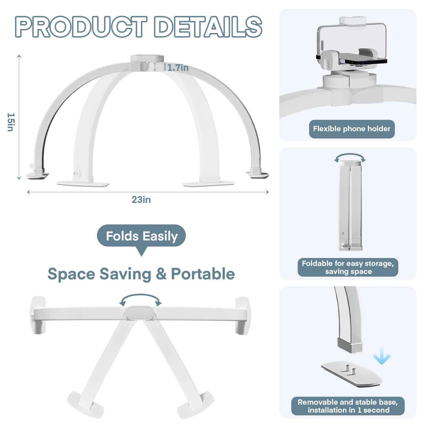 MYSWEETY Foldable Half Moon Nail Desk Lamp, 23 Inch Lash Tech Light with Phone Holder, Estheticians Table Lamp for Tattoo, Lash Eyelash Extension, Beauty