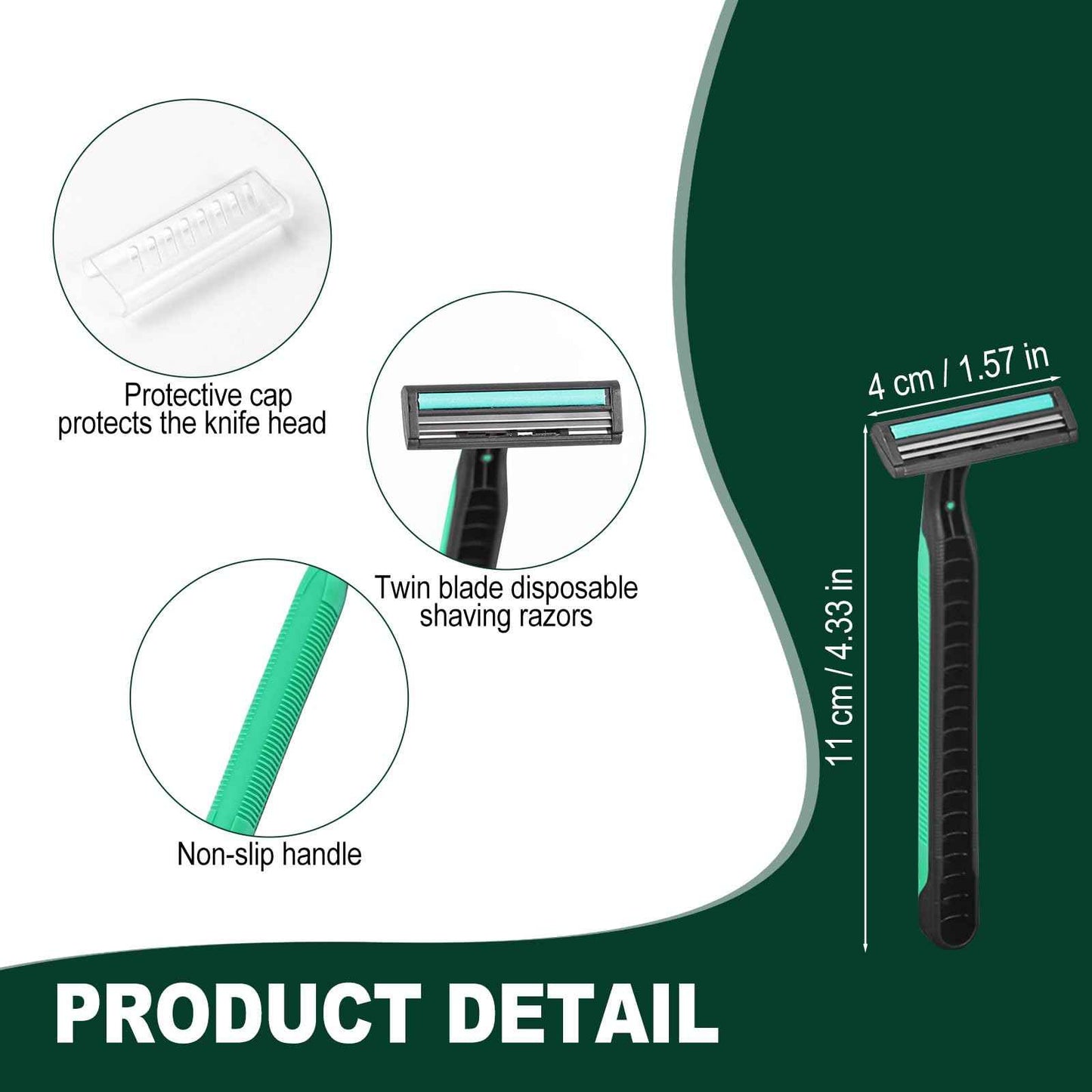 Fafortune Disposable Twin Blade Razors in Bulk, Individually Wrapped - Clear Safety Cap, For Homeless, Hotel, Airbnb, Travel (pack of 100,green)