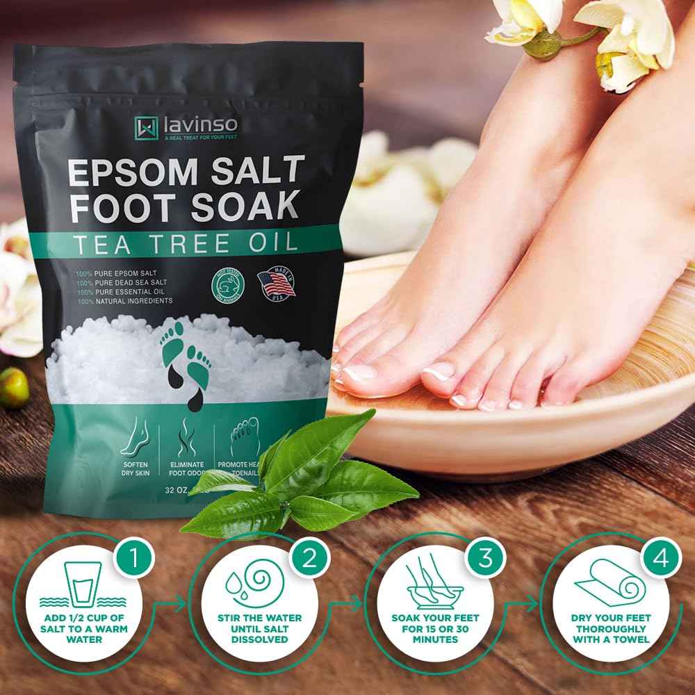 Tea Tree Oil Foot Soak with Epsom Salt - Made in USA - for Toenail Health, Athletes Foot, Stubborn Foot Odor, Softens Calluses & Soothes Sore Tired Feet - 2 LB
