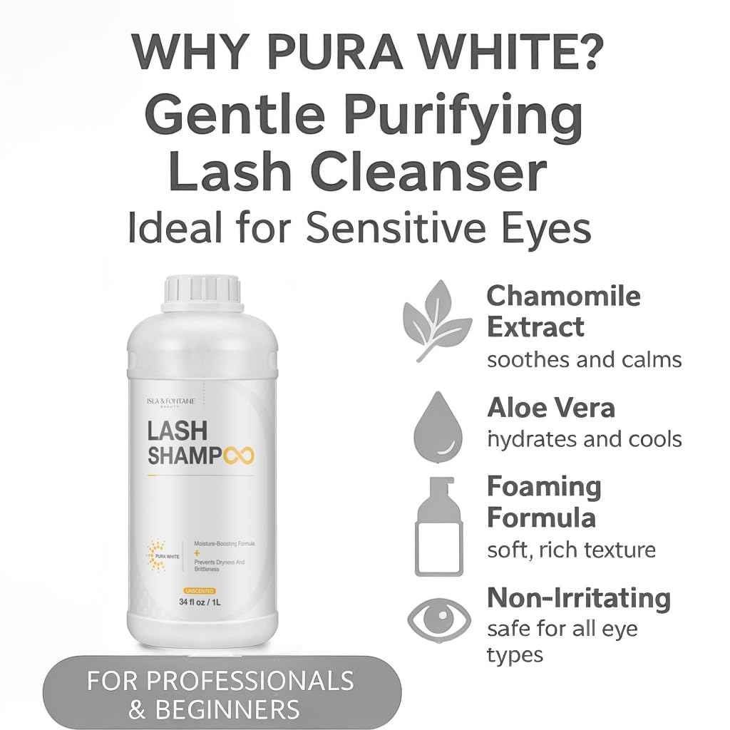 ISLA & FONTANE Lash Shampoo Bulk – Pura White 34 fl oz / 1L | Gentle Eyelash Shampoo for Extensions | Lash Foam Cleanser | Oil-Free Lash Bath for Home & Salon Use