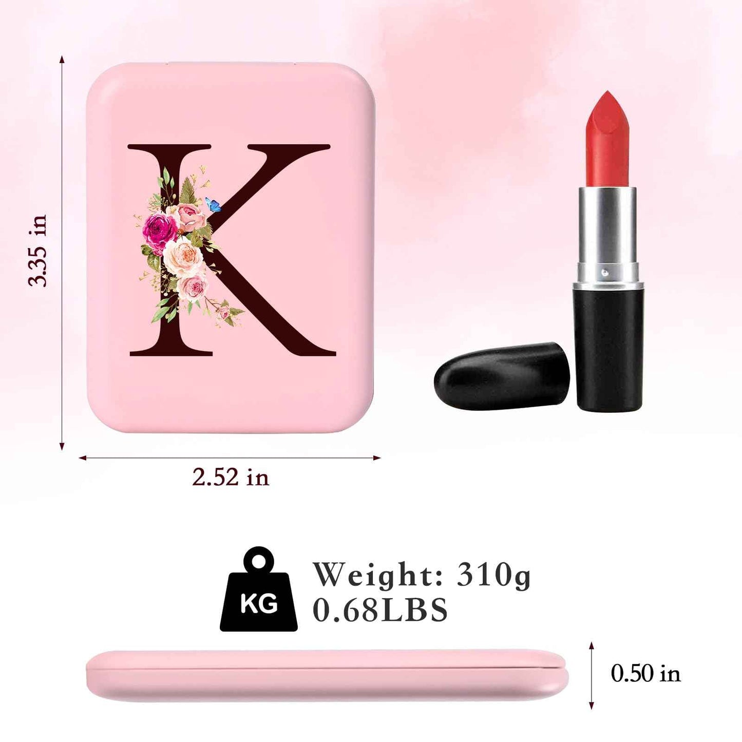 KEWWADB Travel Mirror with Lights, Initials Portable Compact Mirror, Travel Essentials, Suitable Gifts for Mom(Pink,K)