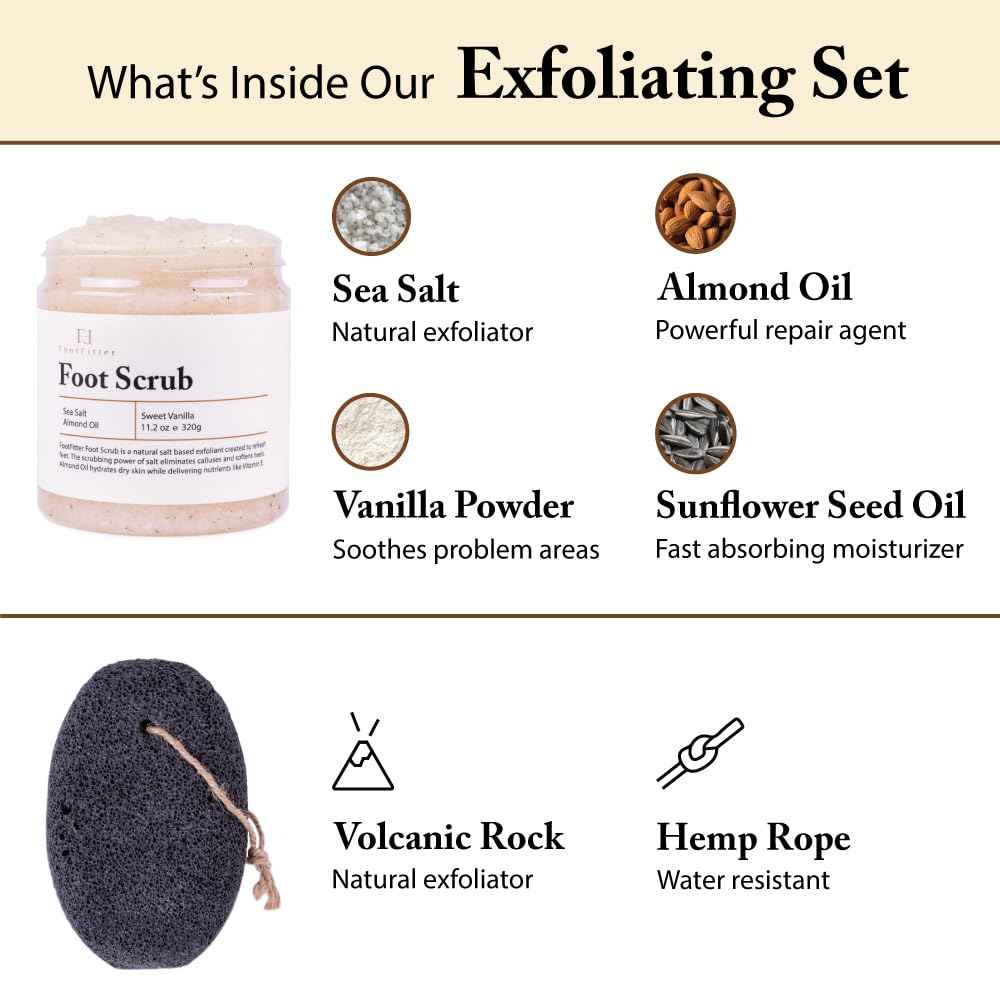 FootFitter Exfoliating Foot Care Kit with Sea Salt Scrub & Volcanic Pumice Stone, Smooth Calluses, Deep Clean, and Revive Rough Feet