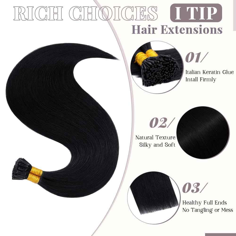 Rich Choices I Tip Hair Extensions Human Hair,100 Strands 0.5g/Strands,100% Real Remy Human Hair Extension Pre Bonded Keratin Stick In Hair Extensions Hair Piece For Women 18 Inch #1 Jet Black