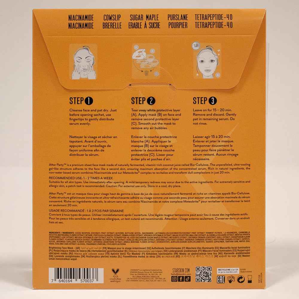 STARSKIN After Party 4x40g, Bio-Cellulose Brightening Face Mask for all Skin Types, Korean Skincare Mask infused with Vitamin C Serum and Niacinamide, Energizing and Soothing, K Beauty Skincare