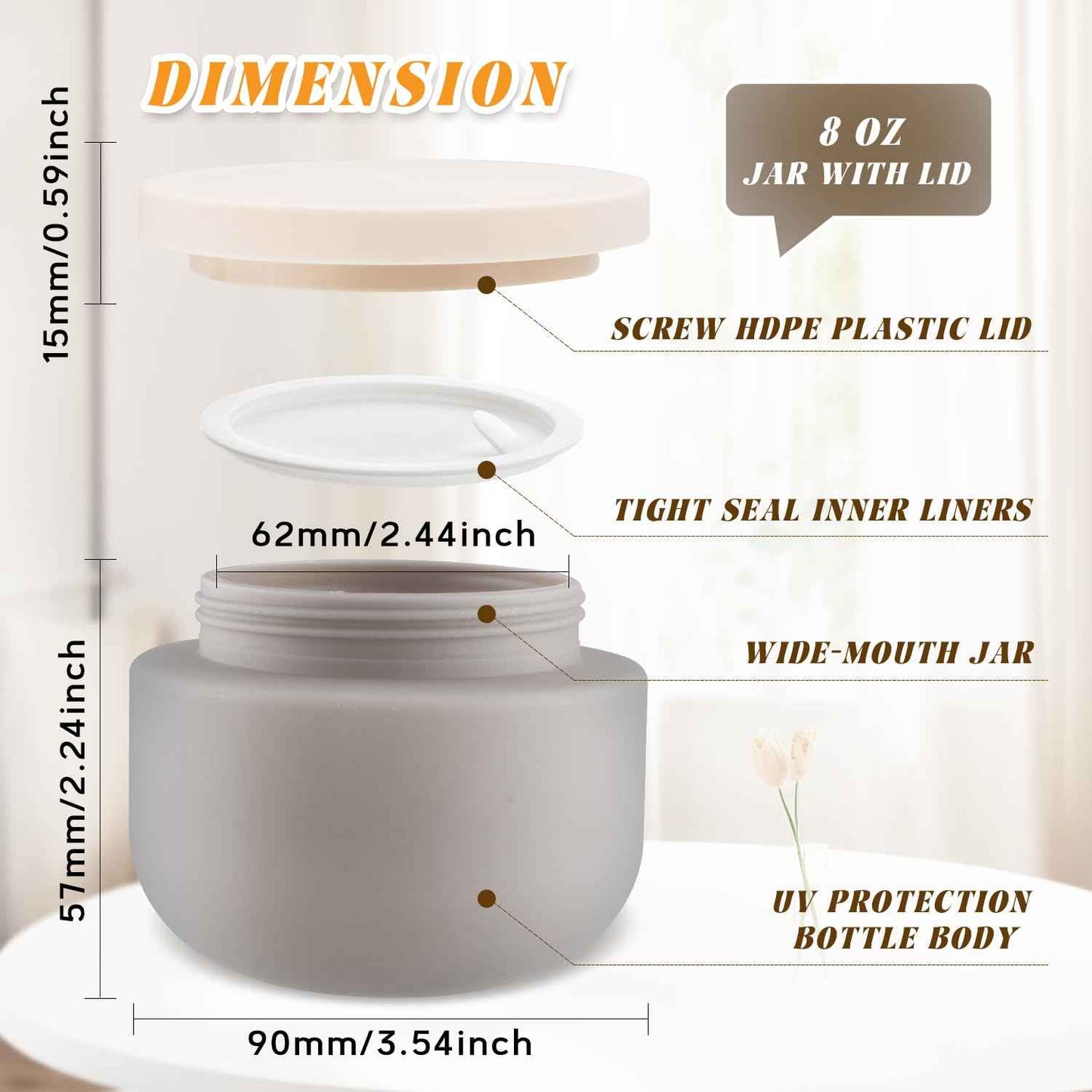 4 Pack 8 OZ Plastic Jars Round Cosmetic Container with Lids,Wide Mouth Soft Slime Jars for Lotion,Hand Cream,Ointments,Makeup,Body Butter,Rhinestone,Samples Pot Travel Make Up Storage (Grey)