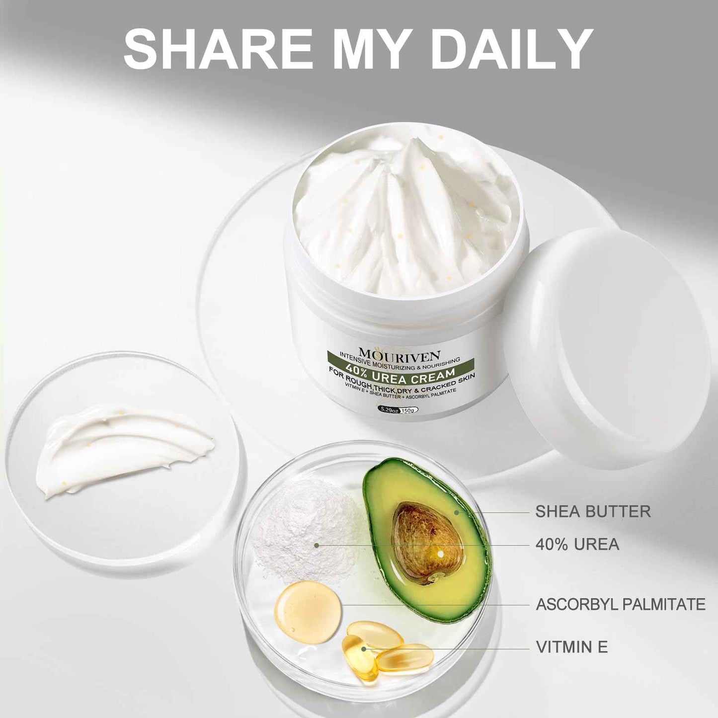 Mouriven 3 Packs Urea Cream 40 Percent - Foot & Hand Cream, for Dry, Cracked Heels, Feet, Knees, Elbows, and Hands, Callus Remover, Maximum Strength Urea Lotion for Softening and Moisturizing