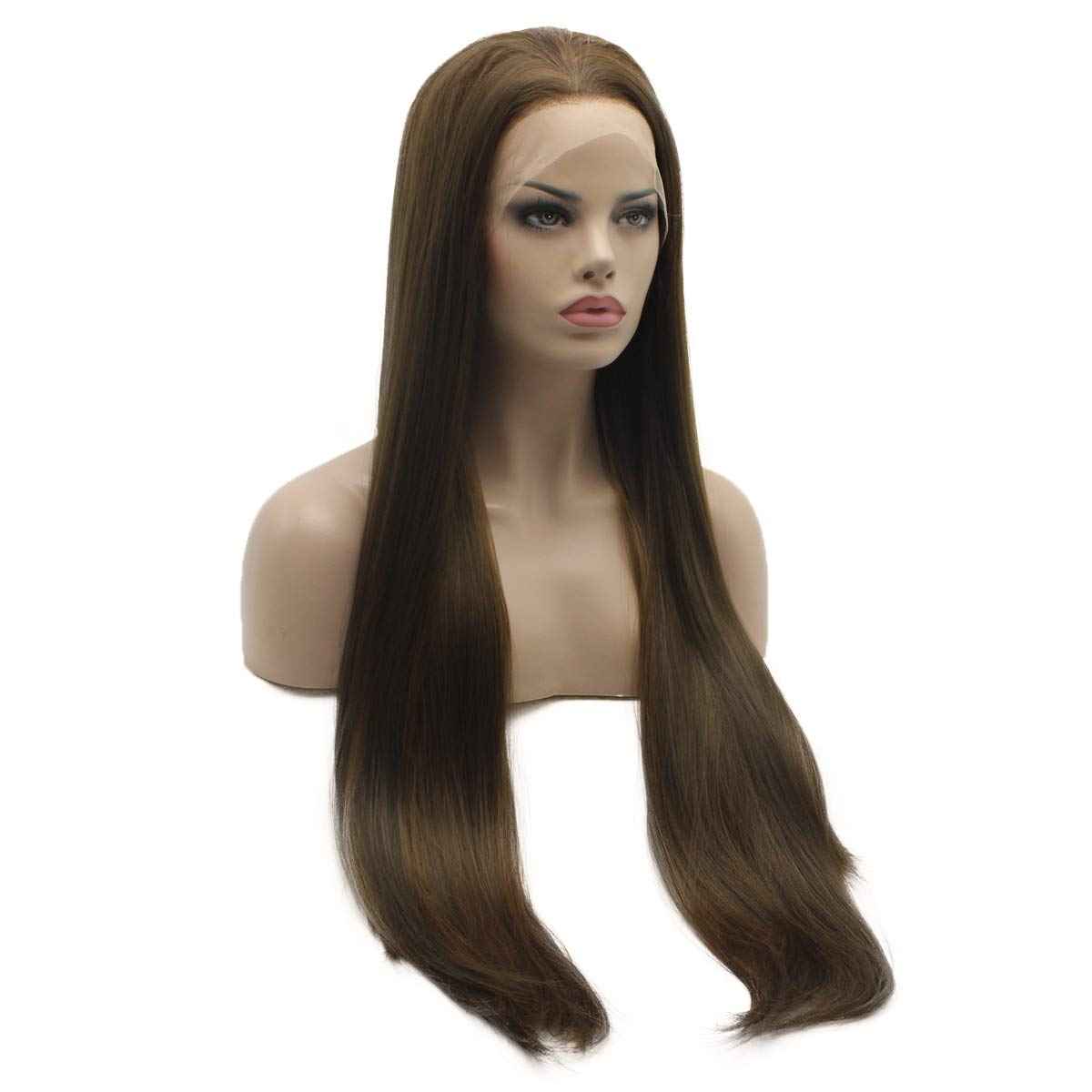 Lushy Straight Extra Long 28inch Silky Brown Honey Blonde Mix Heat Resistant Heavy Density Synthetic Lace Front Wig