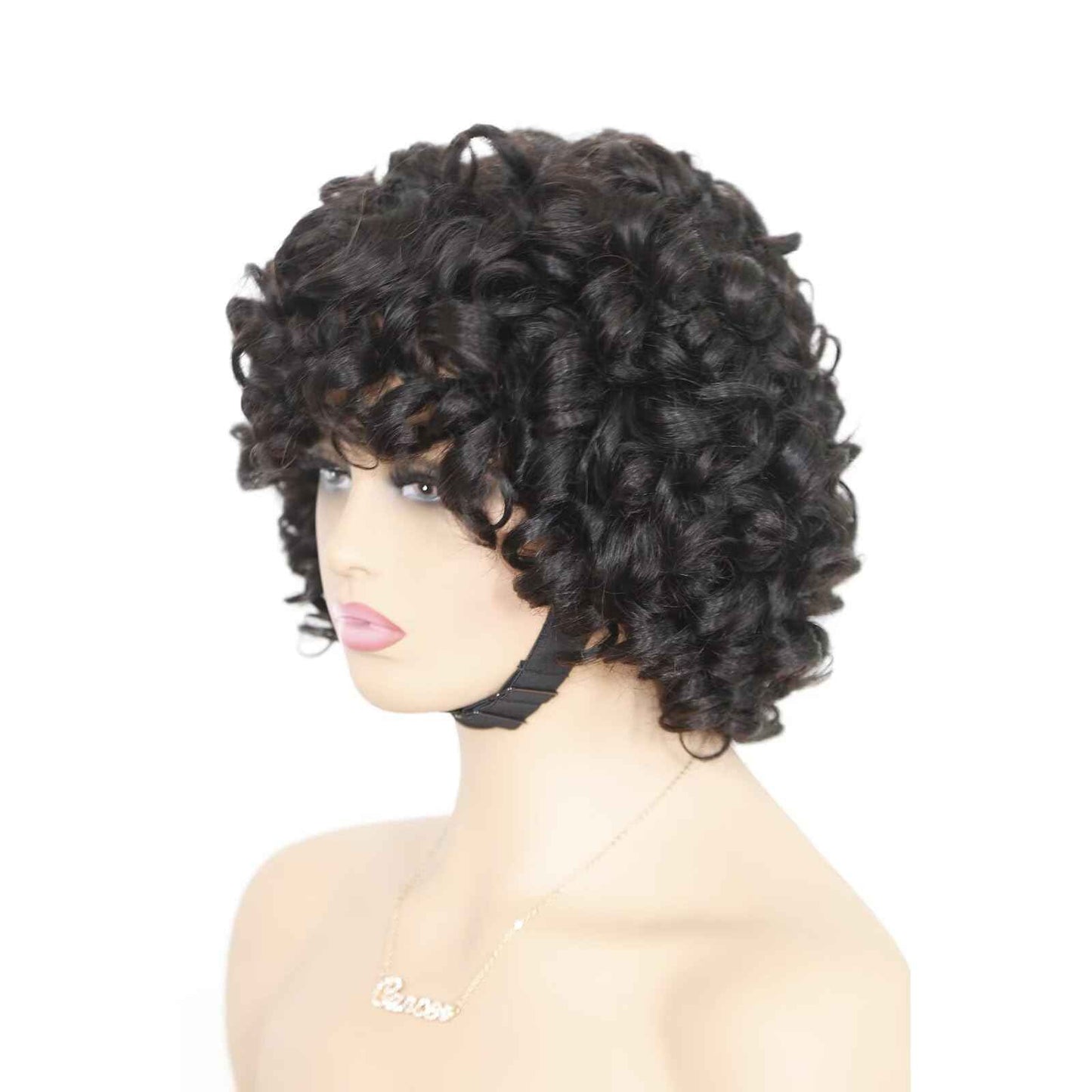 IMAYLI Fringe Bouncy Human Hair Wigs For Black Women Afro Rose Curly Funmi Glueless Wigs with Bangs Short Bouncy Curly Bob Wig With Bang 8Inch 180% Density Natural Black