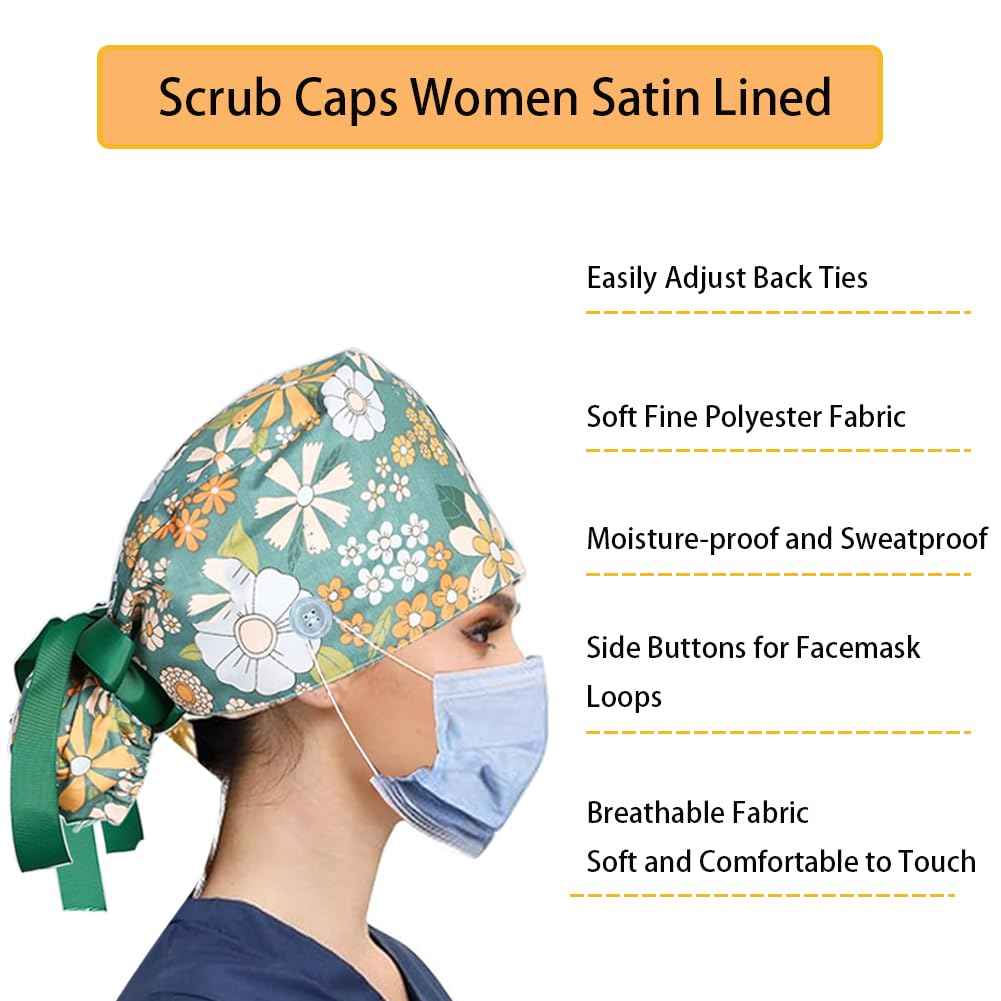 8Pcs Satin Lined Scrub Caps Women, Surgical Caps for Women, Adjustable Scrub Hats Womens Ponytail with Button and Sweatband, Nurse Cap for Unisex, Working Cap, Elastic Ponytail Pouch Tie Back