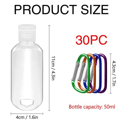 CENNSIOQP 30 Portable Empty Plastic Bottles with Lids and Hooks 50 ml PVC Travel Size Refillable Containers for Hand Sanitizer Lotion Shampoo