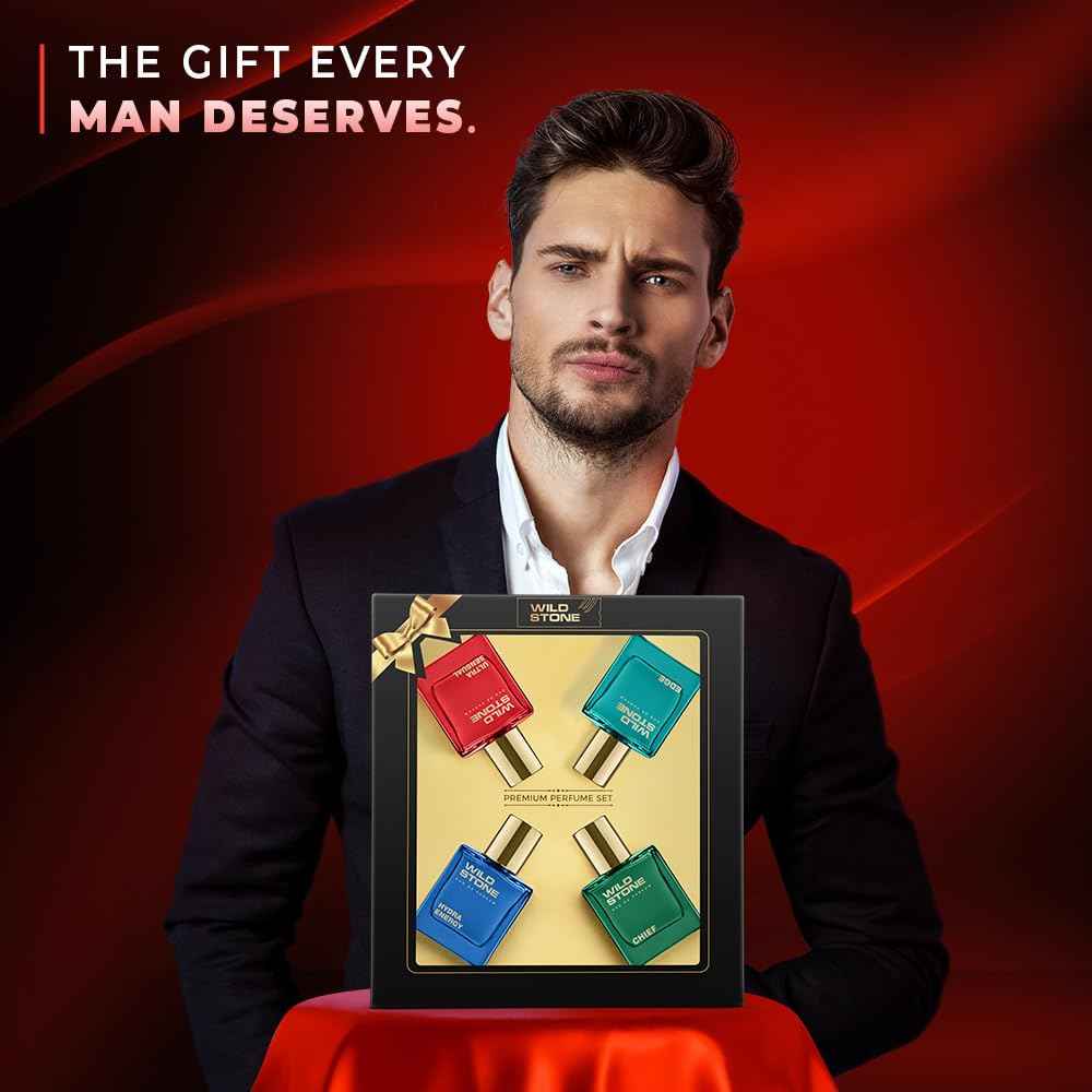 Wild Stone Men’s 4-Pack Eau de Parfum Gift Set (4 × 1 oz / 30 ml) — Edge, Ultra Sensual, Hydra Energy & Chief — Long-Lasting Masculine Fragrances
