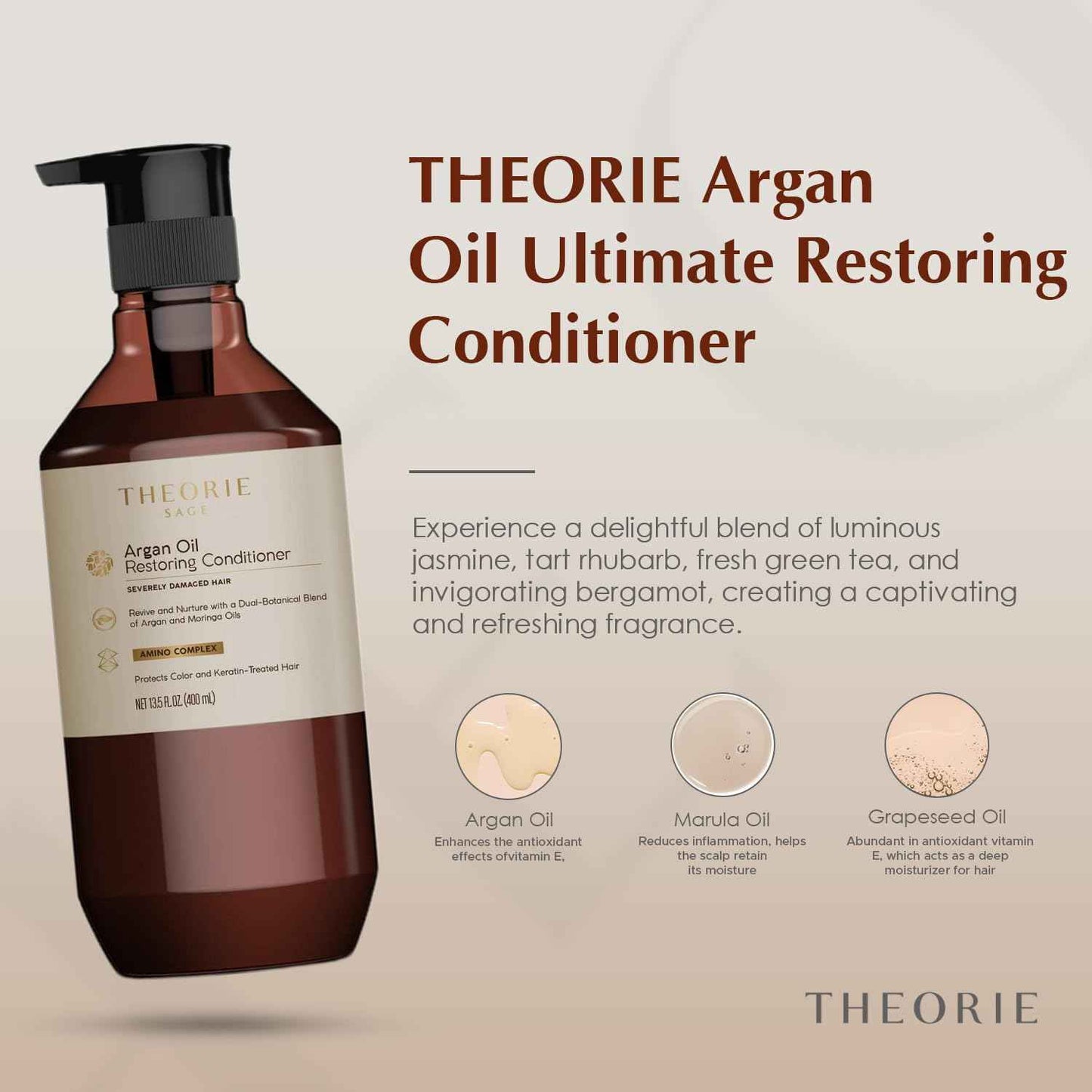 Theorie Argan Oil Ultimate Restoring Conditioner with Argan, Moringa, Grape Seed, and Sage Oil For Normal to Severely Damaged Hair,400 ml