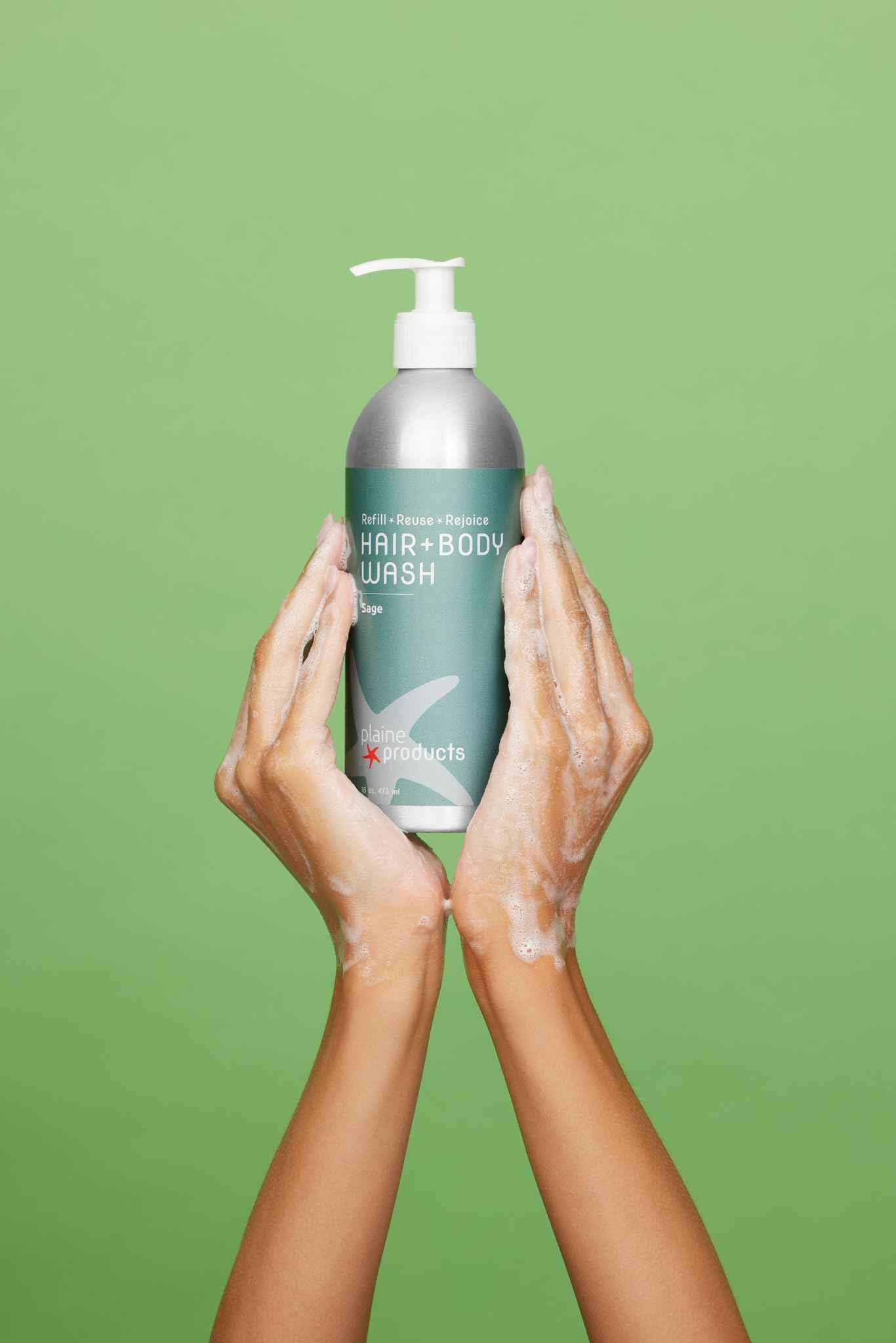 Plaine Products Eco Friendly Shampoo + Body Wash 2 in 1 Combo, 16oz, Sage (Original (with pump))
