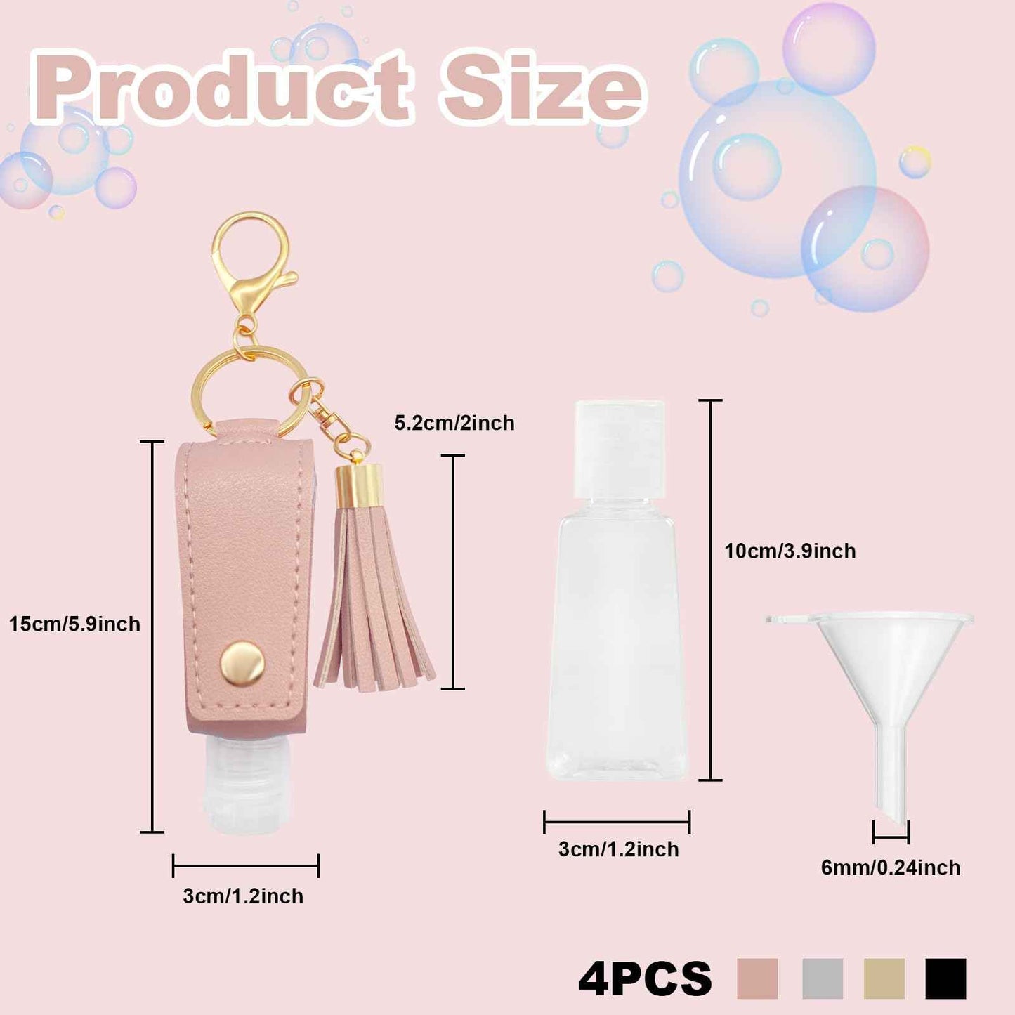 WATUNID 4 Pack Portable Travel Hand Sanitizer Keychain Holder with Funnel, Small Leather Empty Travel Size