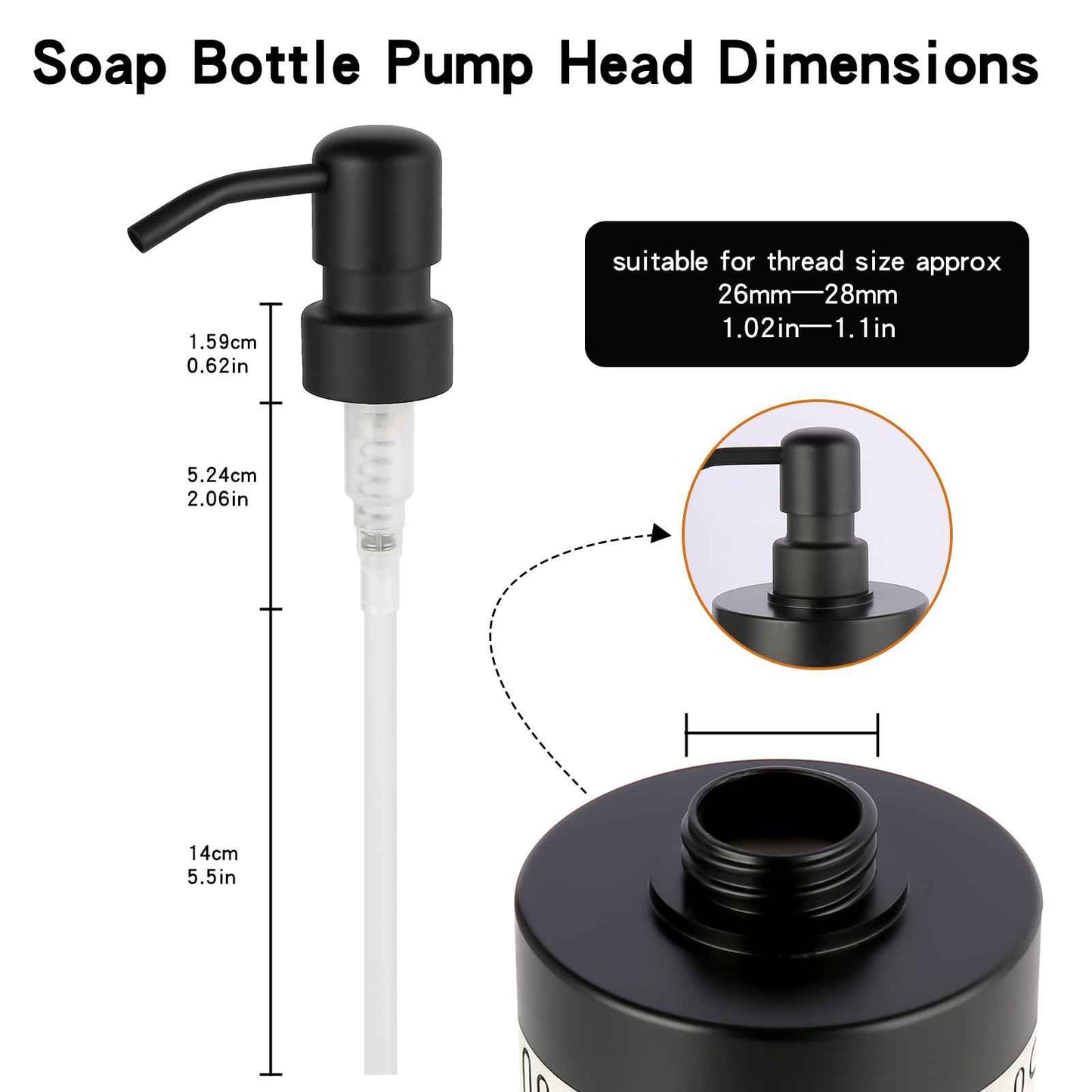 2PCS Stainless Steel Black Soap and Lotion Dispensers Pump Replacement,Smooth Action Replacement for Round 1.1in (28 mm) Neck Bottles,Rust Proof&Leak Proof