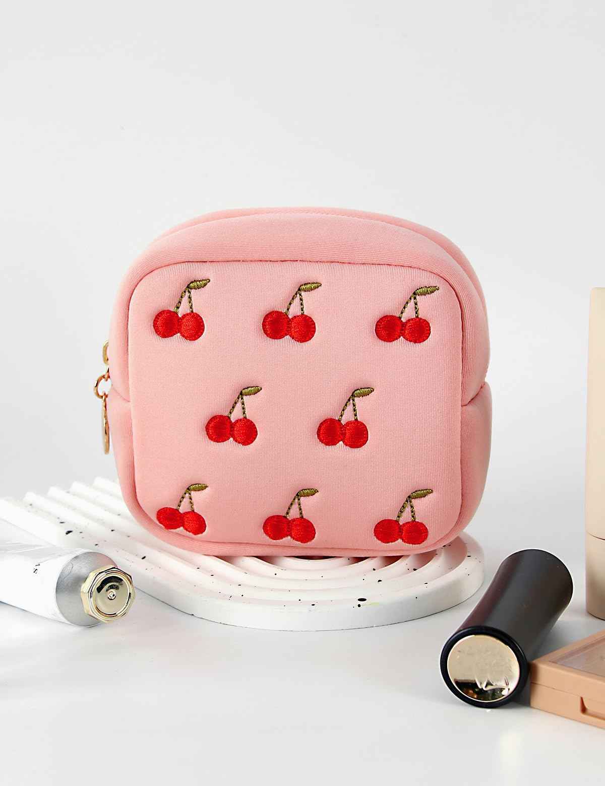 ZUCOLUS Pink Period Bag for Teen Girls, Mini Sanitary Napkin Storage Makeup Bag,Small Cherry Embroidery Period Bag for Women Girls