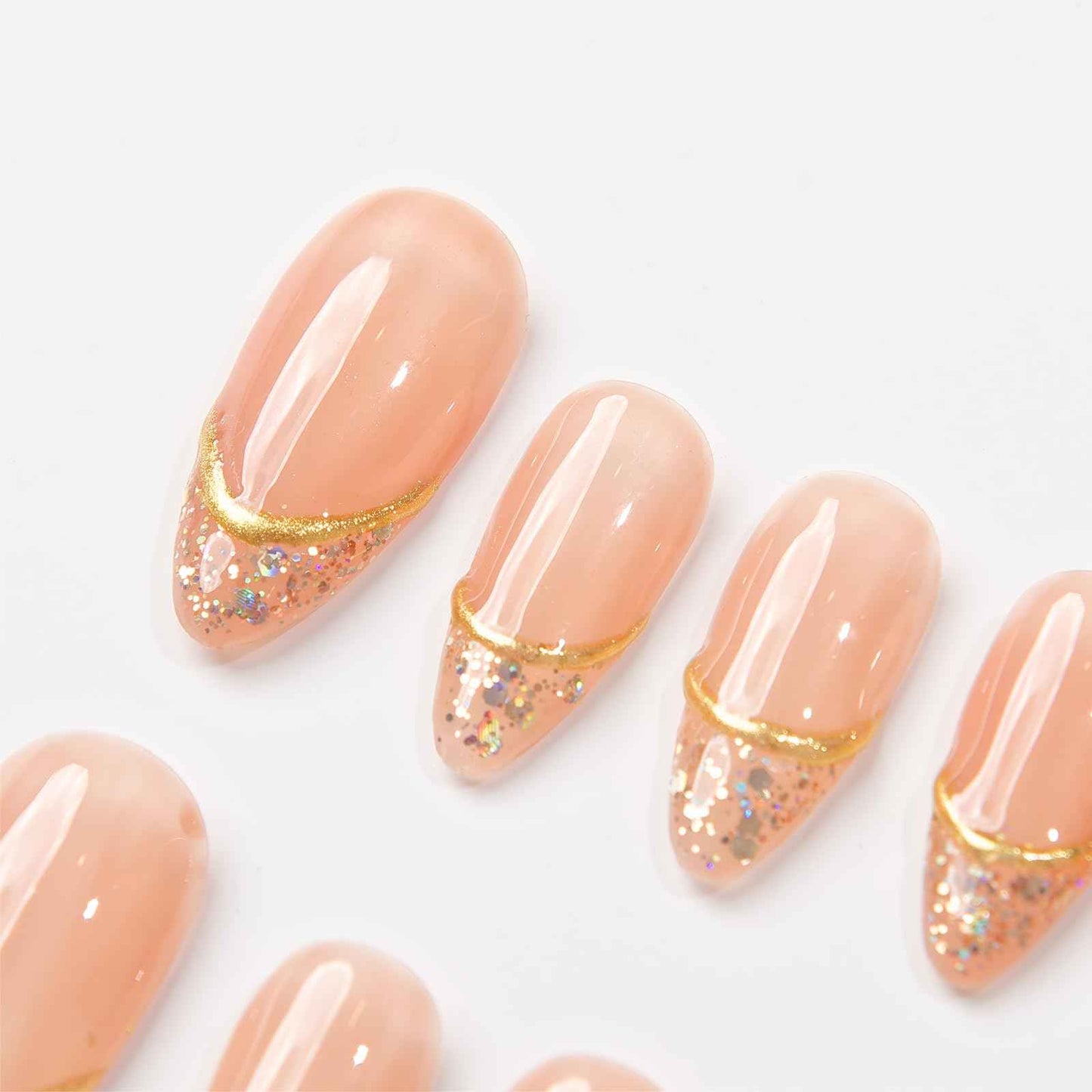 Basic Design with Chrome, French, Light Star Almond Press On Nails, Classic Design Fake Nails for Chrismast Event, Wedding Event, Prom, Party (S005, XS)