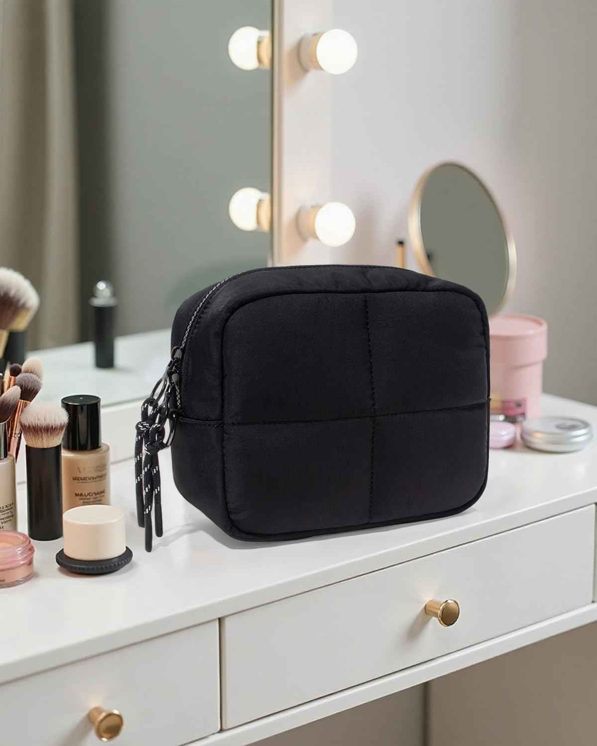 LETGO Puffy Makeup Bag for Purse Quilted Makeup Bag Cosmetic Bag, Puffer Make Up Organizer Bags Zipper Pouch, Travel Toiletry Bag for Women Girls (Black)