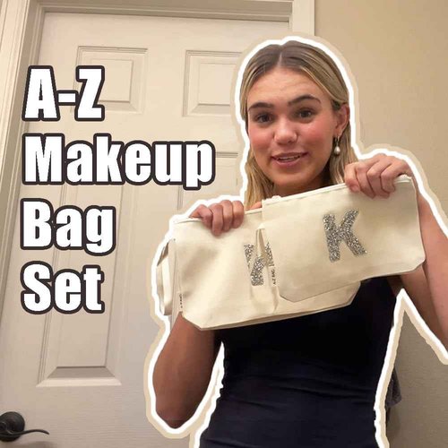 A-Z BAG 2pcs Personalised Makeup Bag Set, Canvas Cosmetic Bag with Rhinestone Initial, Birthday Gifts for Women (A, Beige)