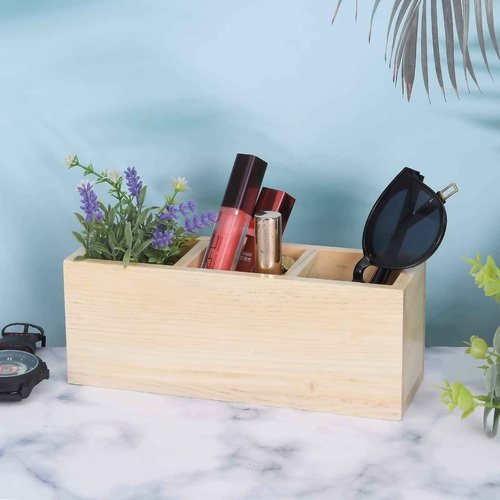 dedoot Wooden Pencil Holder Remote Holder, Unfinished 3 Compartment Wood Desk Organizers Drawer 3 Section, Rustic Remote Control Holder for Desk,School, Home and Office Supplies, 9x3x3.4 Inches