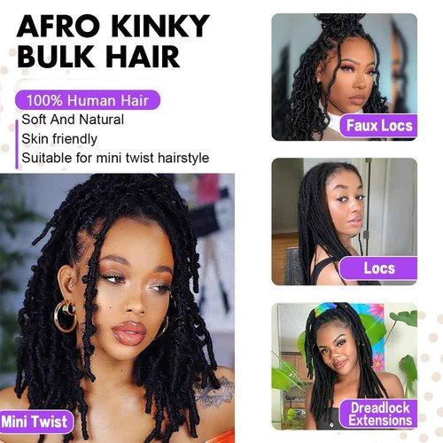 16 Inch Afro Kinkys Bulk Human Hair for Dreadlocks Extensions and Locs Repair 1 Pack 50 Gram Natural Black Color Afro Kinky Curly Human Hair Bulk for Twist