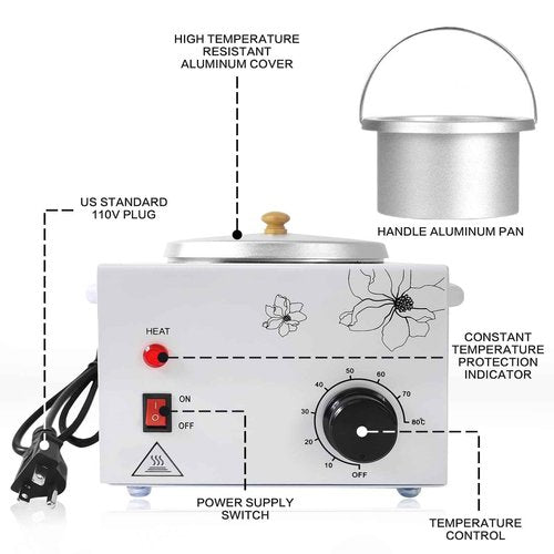 Portable Wax Warmer Machine for Painless Hair Removal, Women Men Professional Wax Heater with Adjustable Temperature Set, 20pcs Sticks (White - Single Pot)