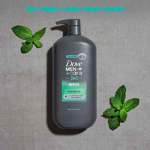 DOVE MEN + CARE Body and Face Wash Invigorating Revive 3N1 with Tea Tree Oil, with 24-Hour Nourishing Micromoisture Technology, 30 oz