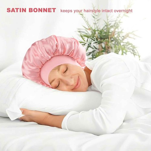 Silk Satin Bonnet for Sleeping Women,Double Layer Silk Satin Sleep Cap with Elastic Band for Natural Curly Hair(1PCS,Pink)