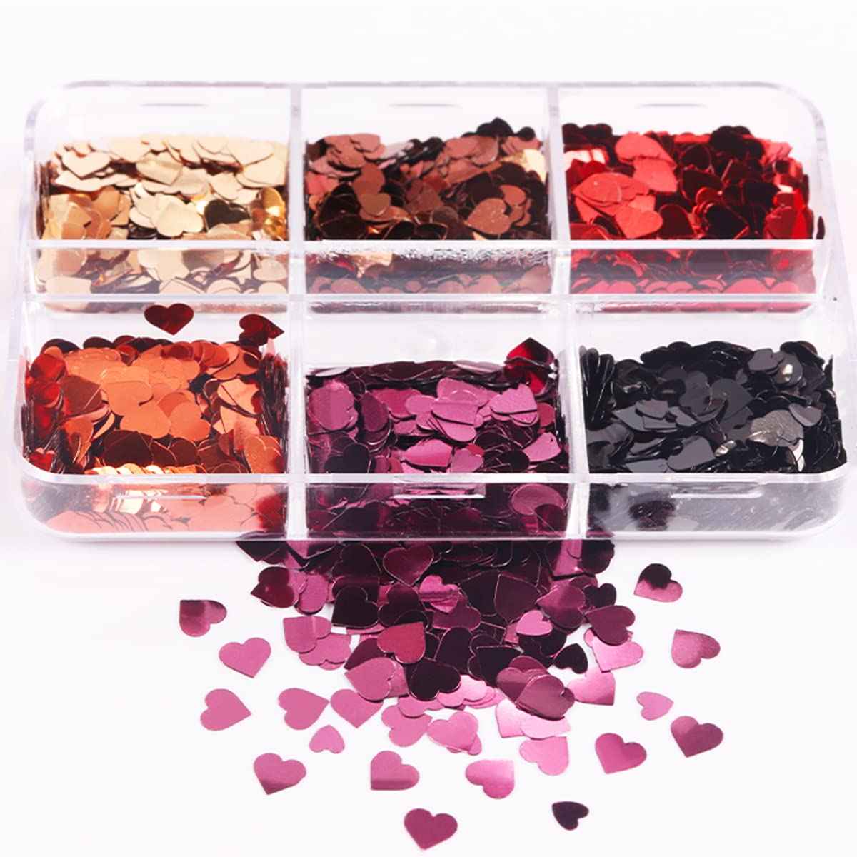 6 Grids 3D Heart Nail Glitter Sequins Valentine's Nail Art Stickers Love Nail Decals Holographic Laser Heart Nail Designs Red Black Rose Gold Heart Glitter for Acrylic Nails Decorations