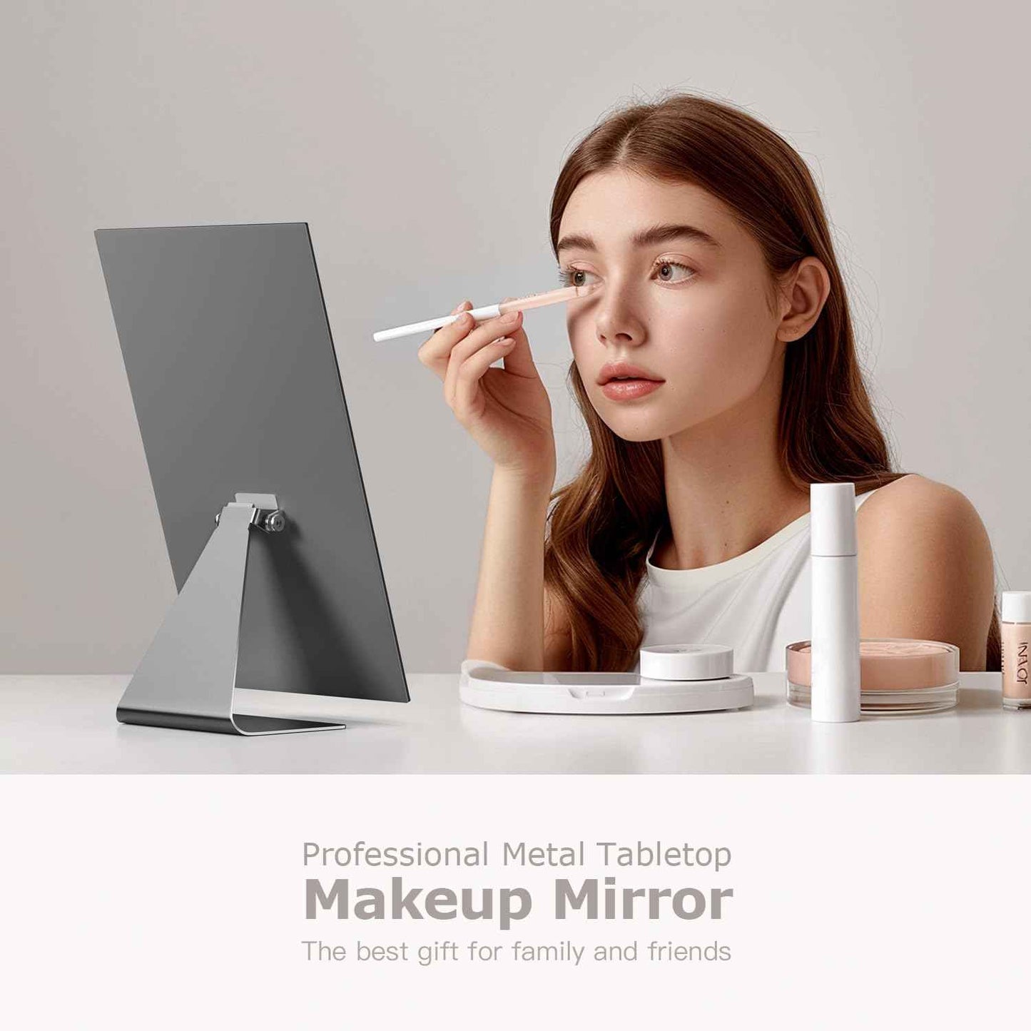 NEZZOE Rectangular Makeup Mirror, 12 Inch Metal Desk Mirror, Table Mirror with Stand, Vanity Mirror for Counter, Bedroom, Bathroom, Dorm