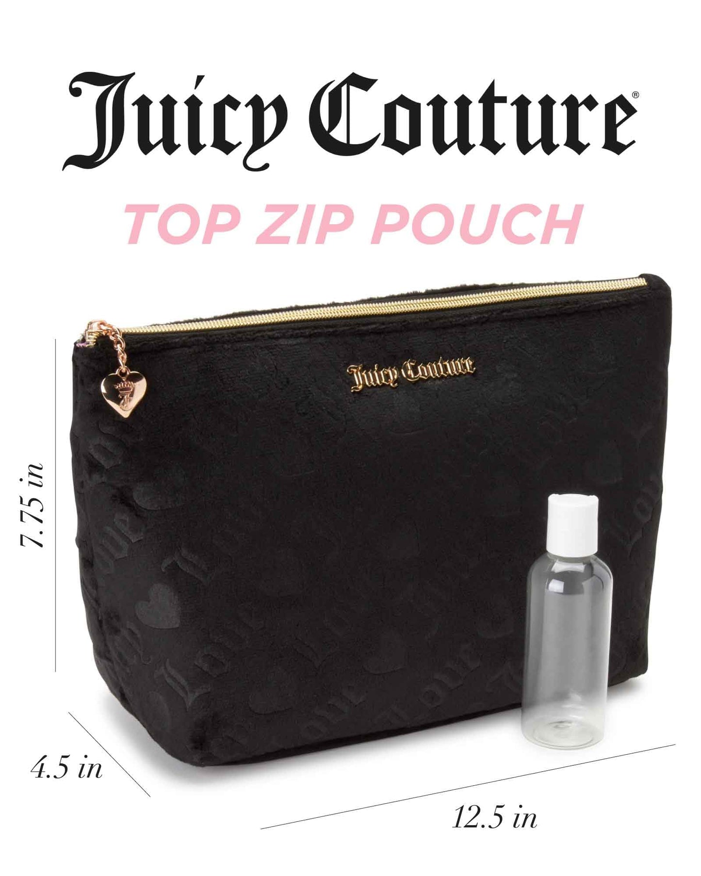 Juicy Couture Black Makeup Bag Cosmetics Organizer Travel Essentials Zip Top Wedge Velour Heart Love