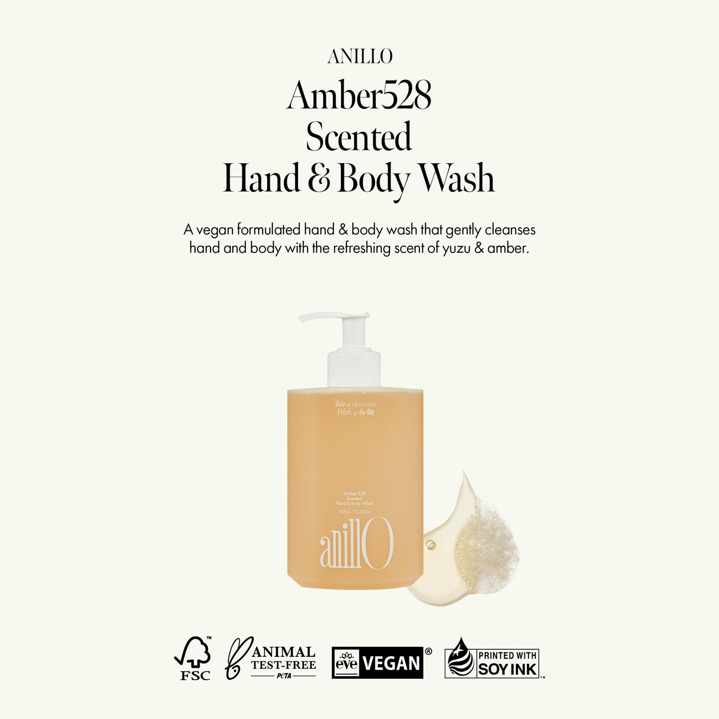 Amber528 Body Wash – Vegan, Sulfate-Free Cleanser with Yuzu & Amber, Hydrating & Soothing, pH-Balanced, Gentle for All Skin Types, Subtle Scent, 15.22 fl. oz