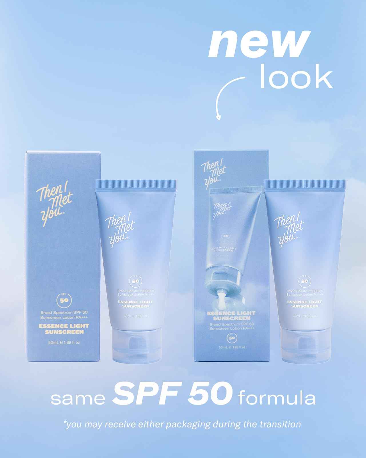 Then I Met You Essence Light Sunscreen, Broad Spectrum SPF 50 Lotion PA+++, with Hyaluronic Acid, Vegan, Cruelty-Free, 1.69 oz