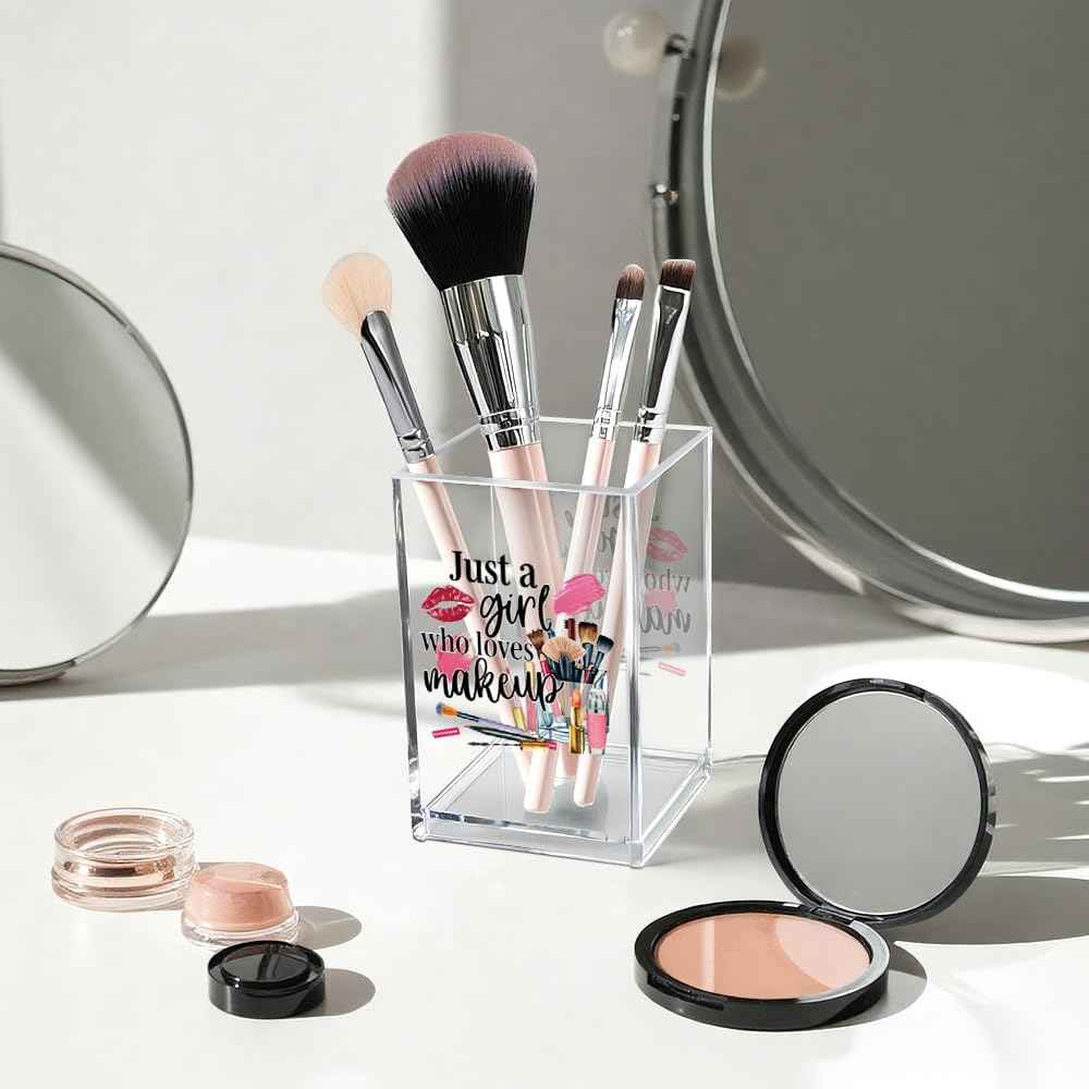 Vgrti Just A Girl Who Loves Makeup Acrylic Makeup Brush Organizer Holder, Girls Desk Acrylic Brushes Storage, Christmas Birthday Gifts for Daughter Niece Sister BFF Make Up Artist Makeup Lover
