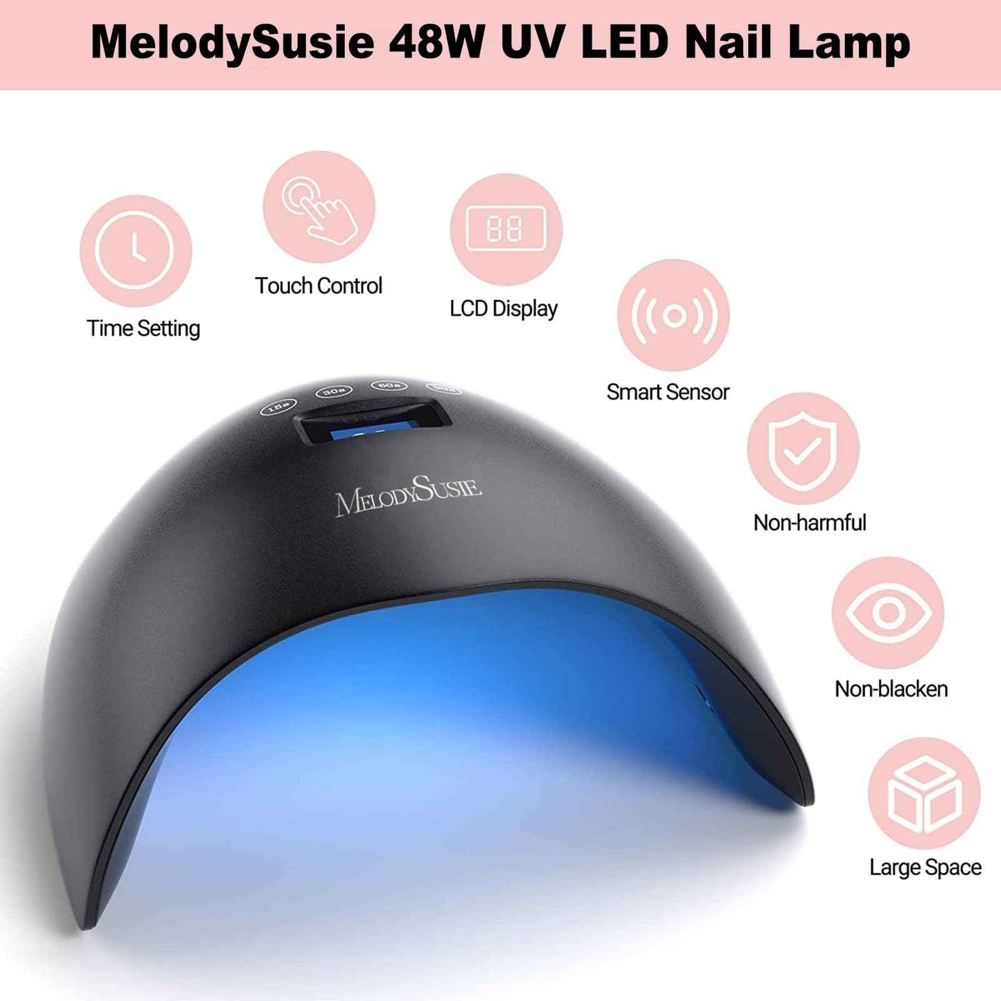 MelodySusie 48W LED UV Nail Lamp - Black, Energy Efficient, 365nm-405nm Wavelength, Compatible with Most Gels, 4 Timer Settings, Infrared Sensor, User-friendly Design, Widely Applications
