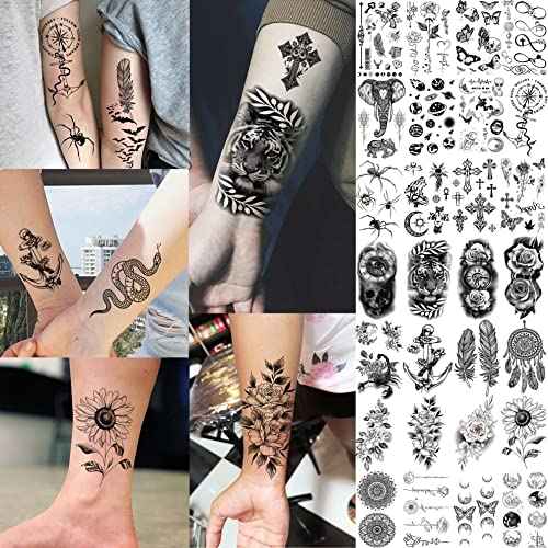 64 Sheets Long Lasting Flower Temporary Fake Tattoos For Women Arm Neck, Jellyfish Sunflower Moon Rose For Adults Girl, 3D Temp Realistic Snake Tatoo Stickers Serpent Peony Floral Kids