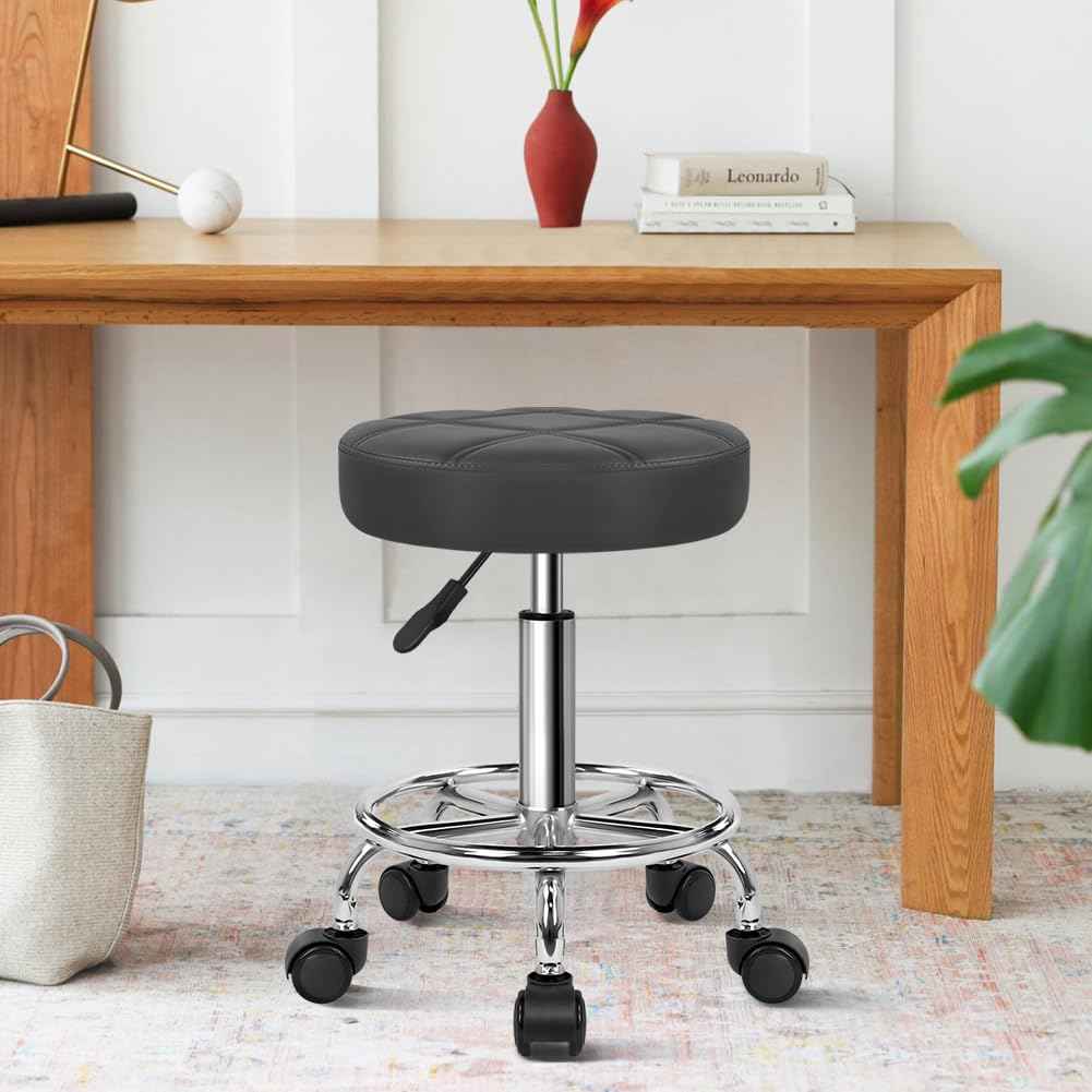 WKWKER Round Rolling Stool with Footrest PU Leather Height Adjustable 360° Swivel Stool with Wheels Office Chair Home Drafting Work Studio Shop SPA Salon Small (Grey)