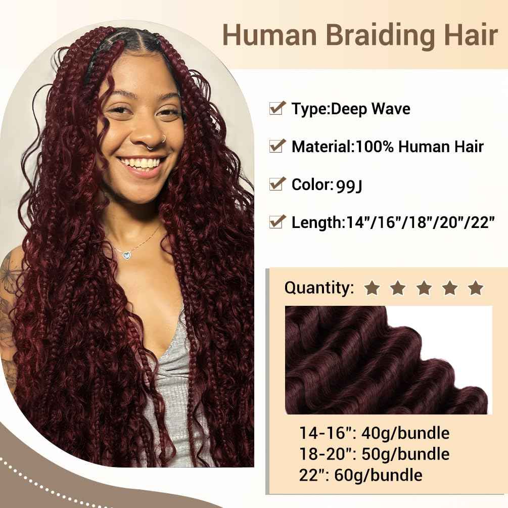 Human Braiding Hair for Boho Knotless Braids 1 Bundle 18 Inches 50g Deep Wave Bulk Human Hair for Braiding Hair Wet and Wavy 10A Brazilian Virgin Human Bohemian Hair for Braiding 99J