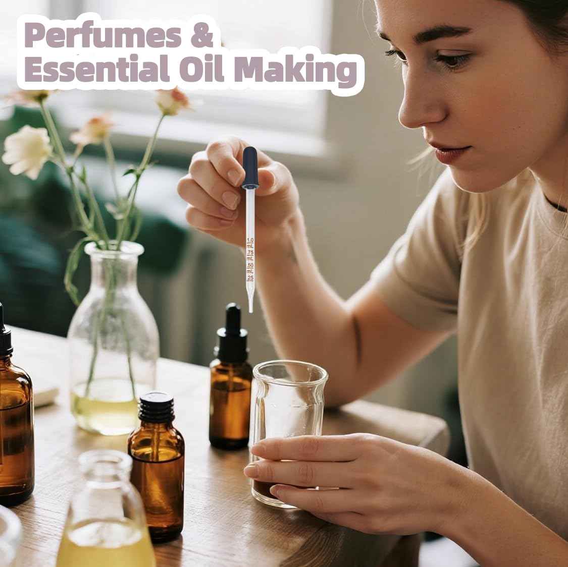 Atdcoek 6 Pack Glass Pipette Dropper with Brush - Bent & Straight Tips, 1 ml Eye Droppers for Essential Oils, Lab, Crafts, Measuring and Transferring Liquids