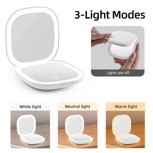 Compact Magnifying Travel Makeup Mirror with LED Light - 3.5 inches 1X/10X Magnification Small Hand Pocket Dimmable Double Sided USB Rechargeable Touch Screen, Portable Tabletop Cosmetic (White)